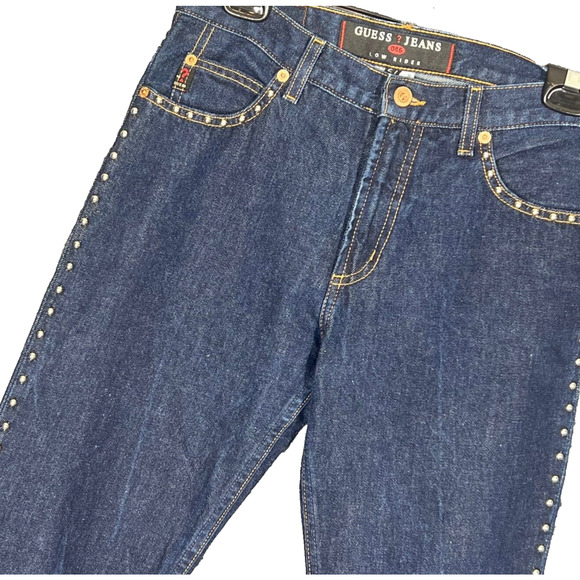 Guess Vintage 90s Low Rider Jeans Womens Sz 27 Blue Denim Studded Bootcut Retro - Picture 2 of 9